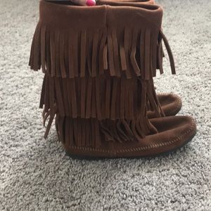 Brown Minnetonka moccasin boots